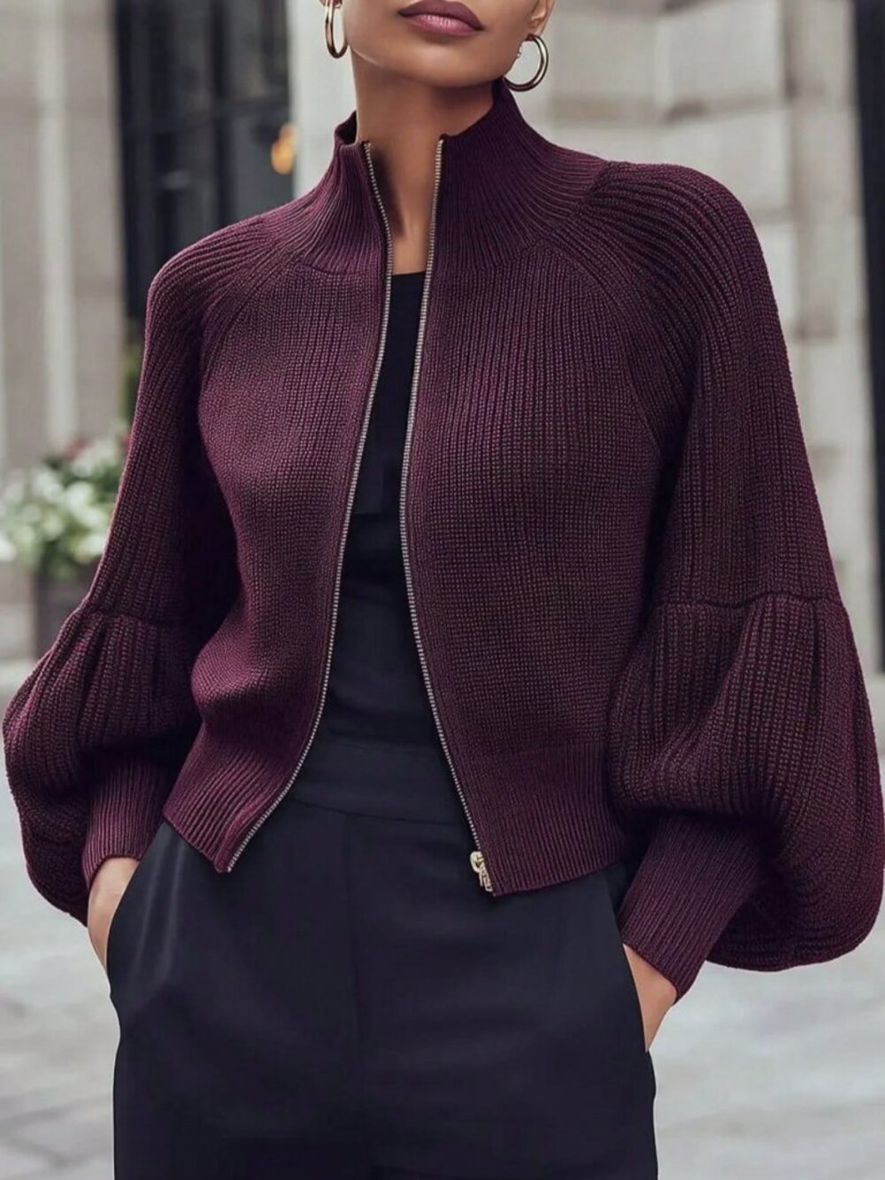 Purple Casual Women's Zipper Cardigan - Picture 1 of 6